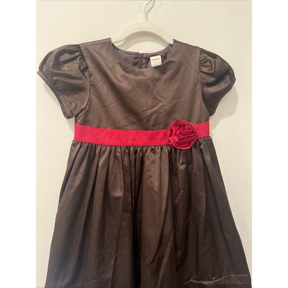 Gymboree Dress Girls Size 10 Brown Satin Puff Sleeve Red Sash Flower Holiday - Picture 4 of 9